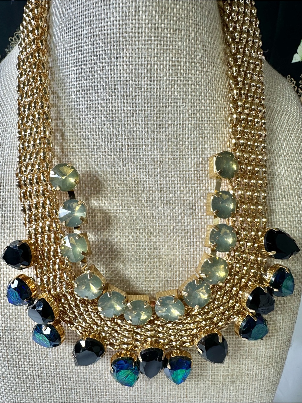 Fashion Jewelry Gold Multi-Strand Necklace w/ Plastic Black & Opalescent Stones